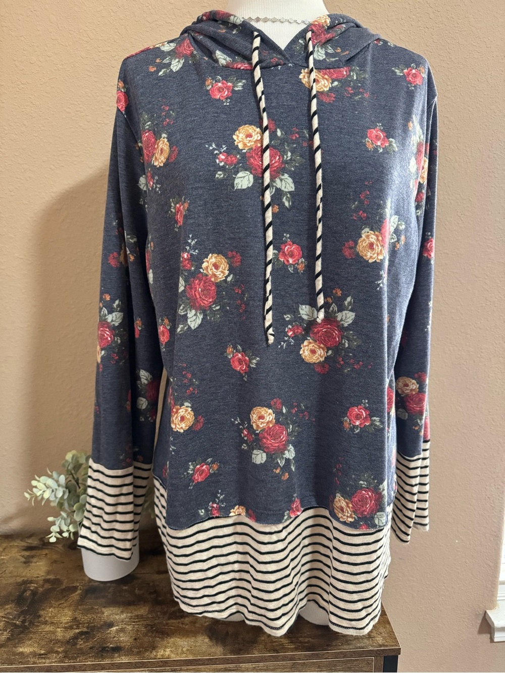 Sew In Love Navy Floral Hooded Pullover with Striped Hem